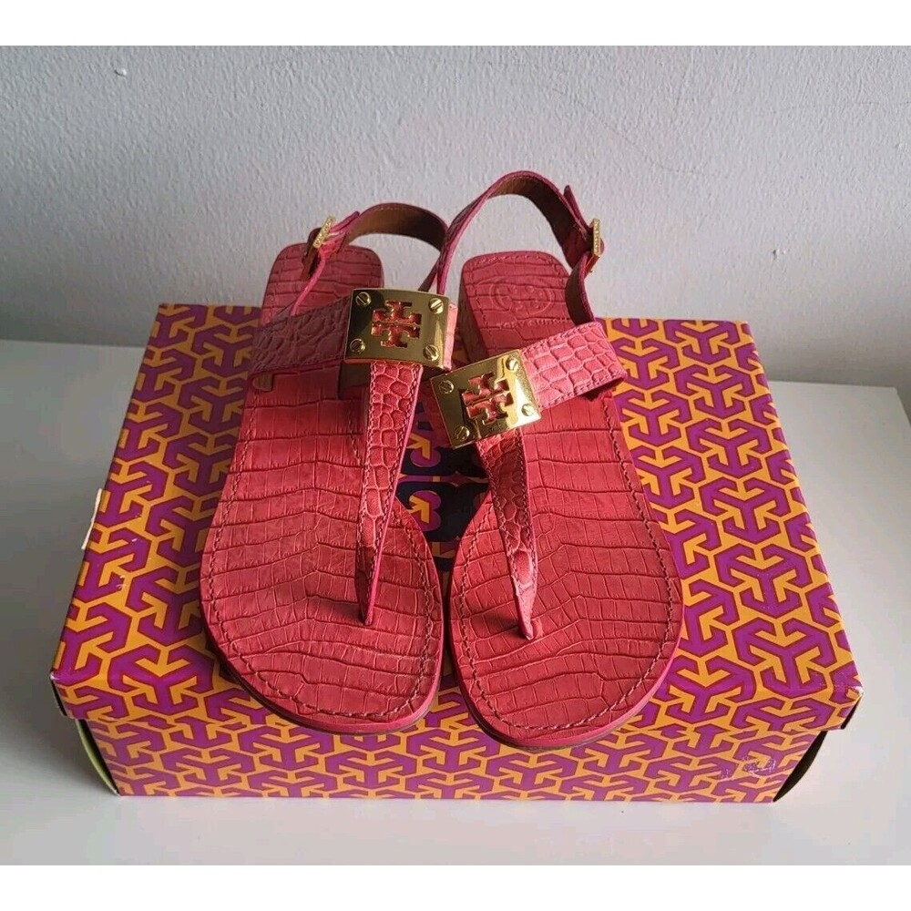 Tory Burch Kelsey Italian Croc Wedged Cork Embossed Leather Pink Sandal Size 8M
